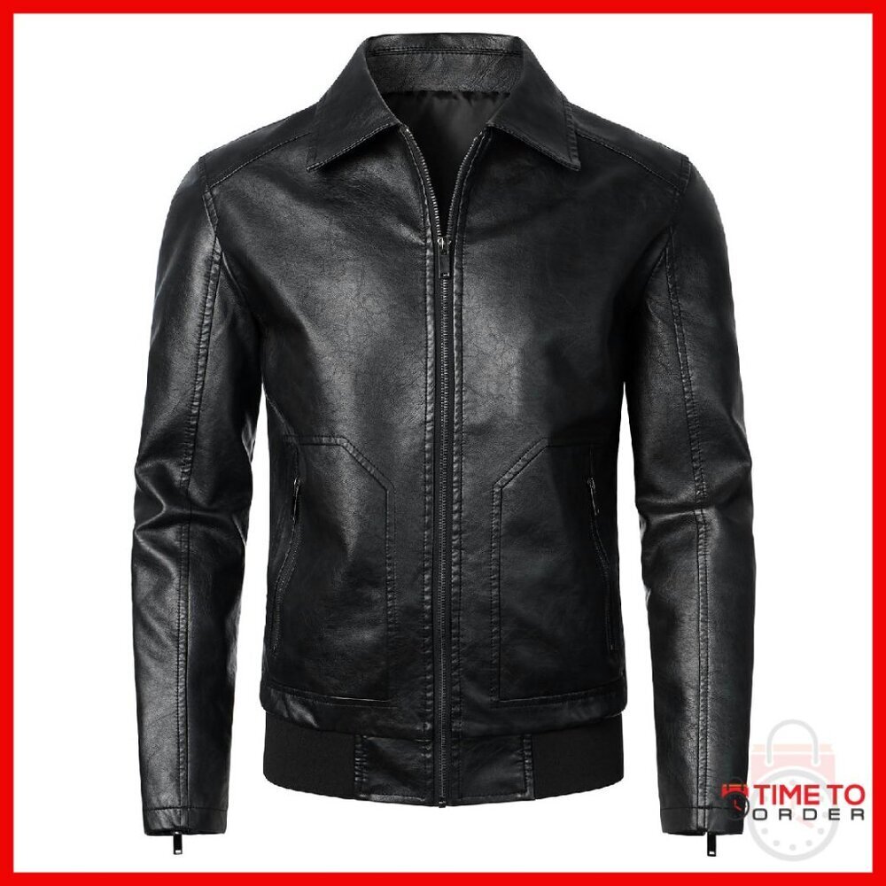 Men's Faux Leather Bomber Jacket Motorcycle Style Ribbed Hem